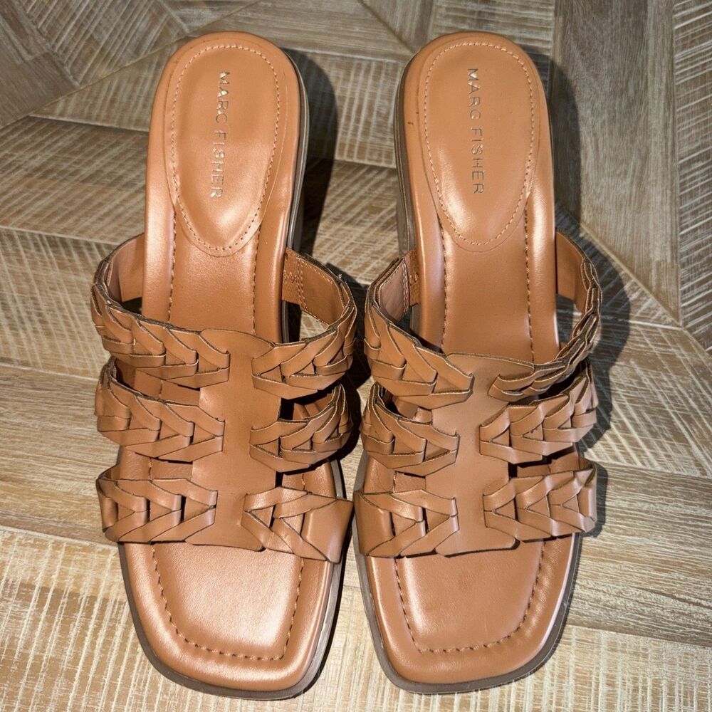 Marc Fisher Sandals Womens 10 M Melita Brown Slip on Strappy Slip-On Block Heels